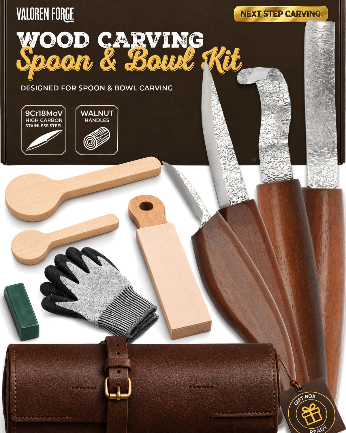Valoren Forge Spoon and Bowl Kit, sloyd knife, hook knife, bent gouge and detail knife
