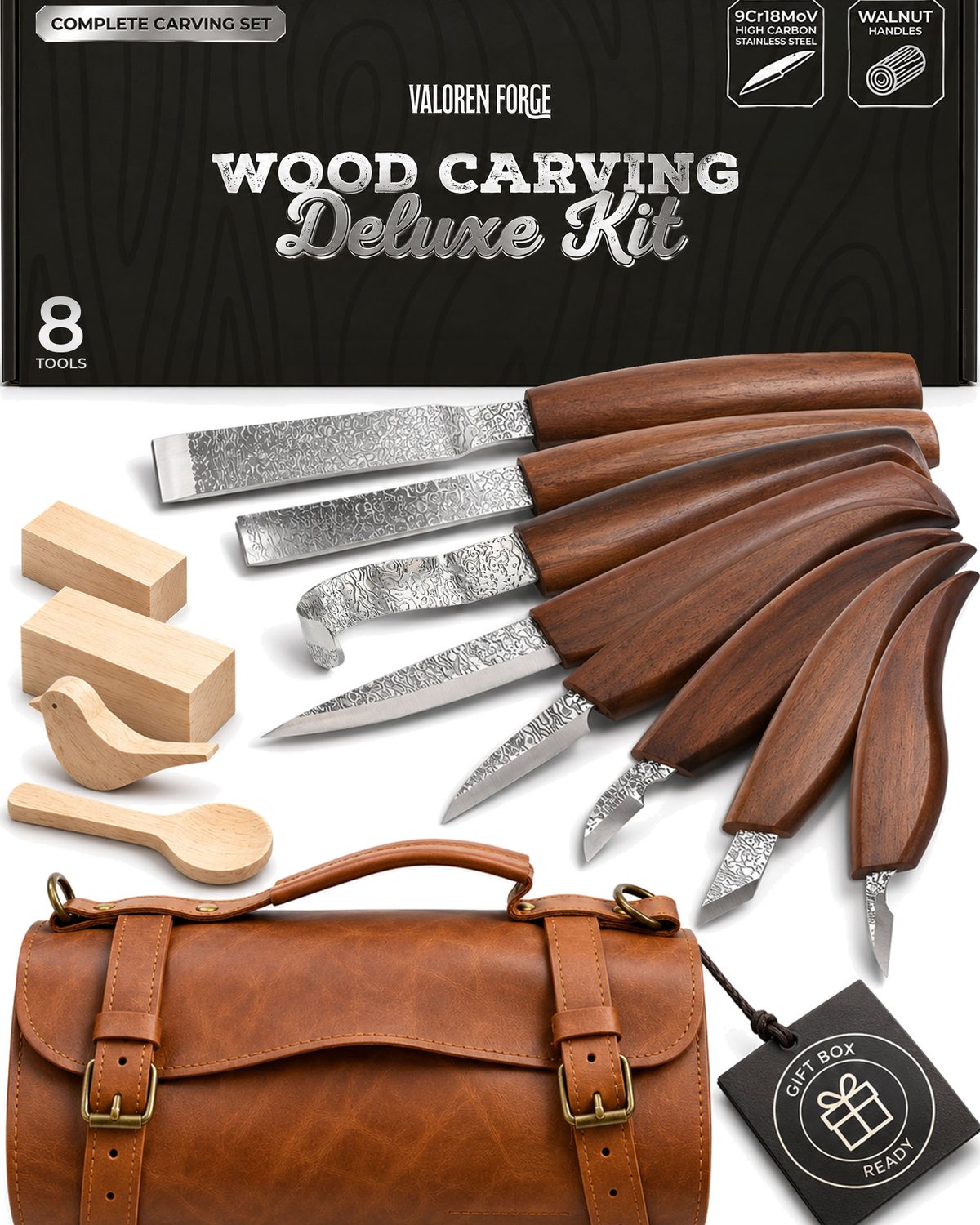 Valoren Forge Deluxe set, eight carving tools in a leather tool roll